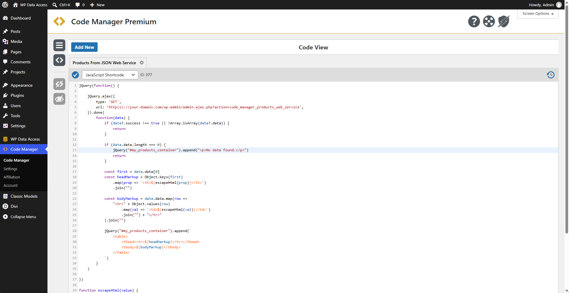 Code Manager - JavaScript Shortcode