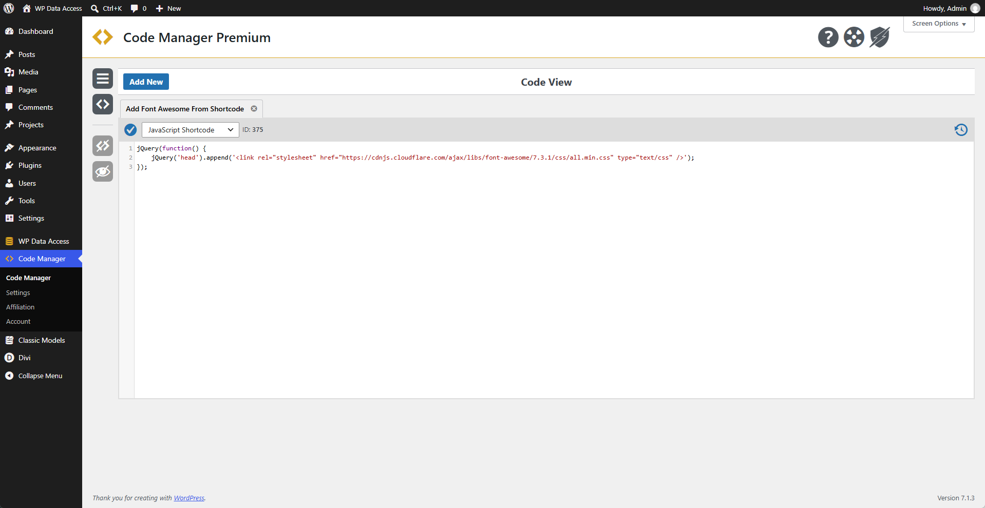 Code Manager - JavaScript Shortcode